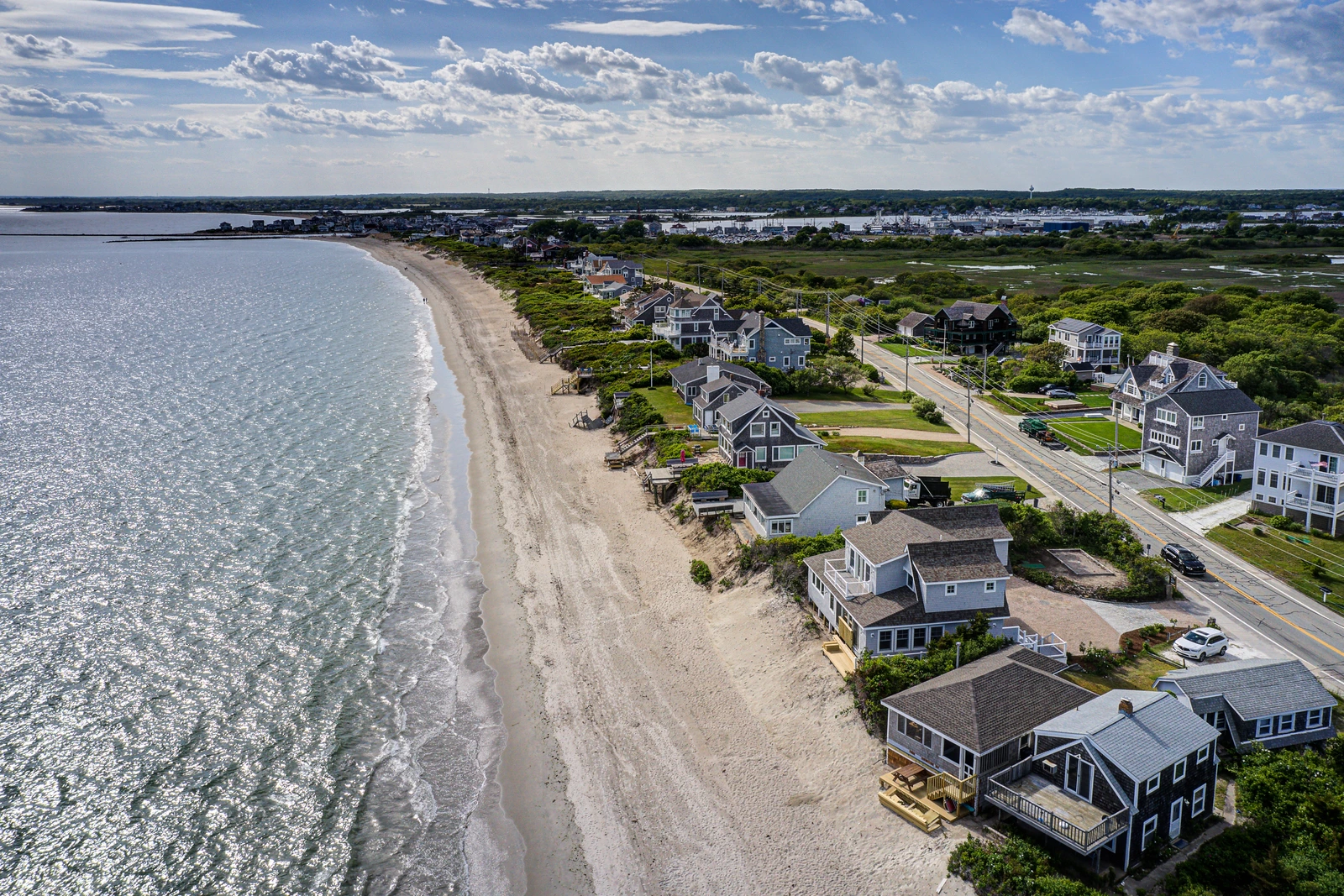 Aerial view of coastal homes along Sand Hill Cove beach in Narragansett, Rhode Island