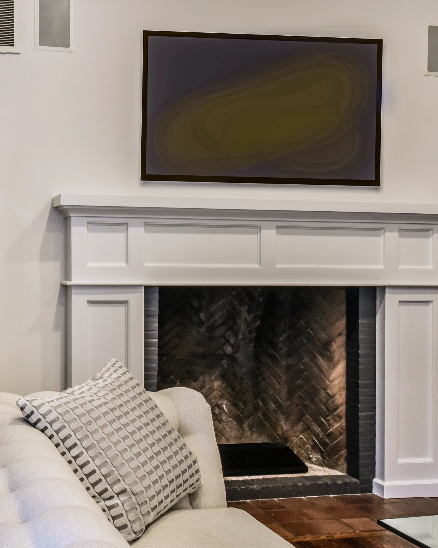 Custom fireplace mantel herringbone brick detail