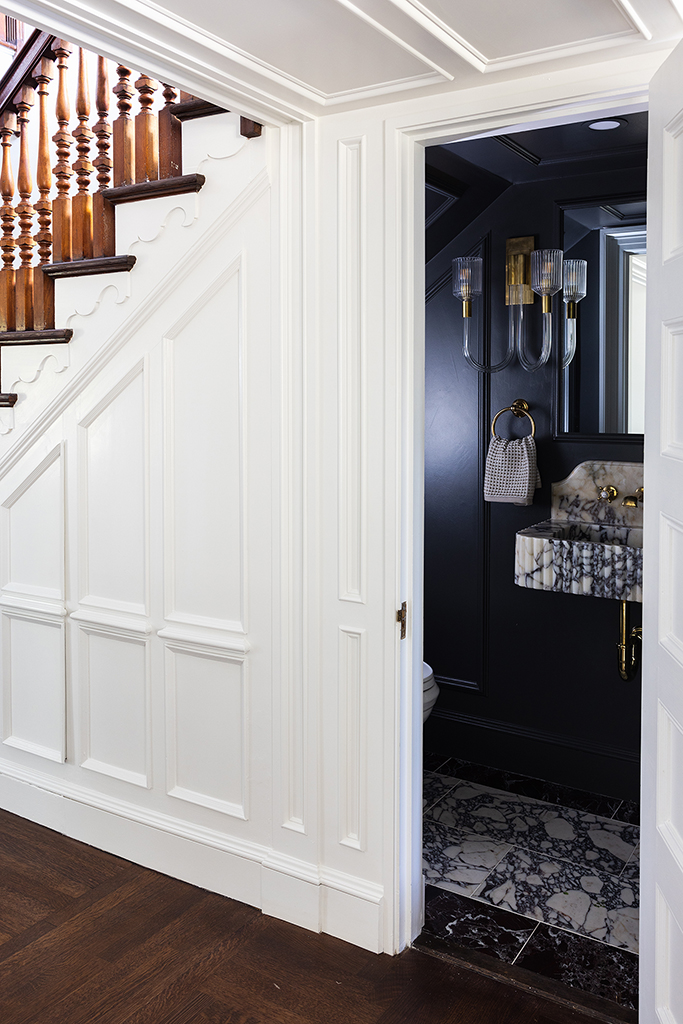 Hidden powder room under stairs design