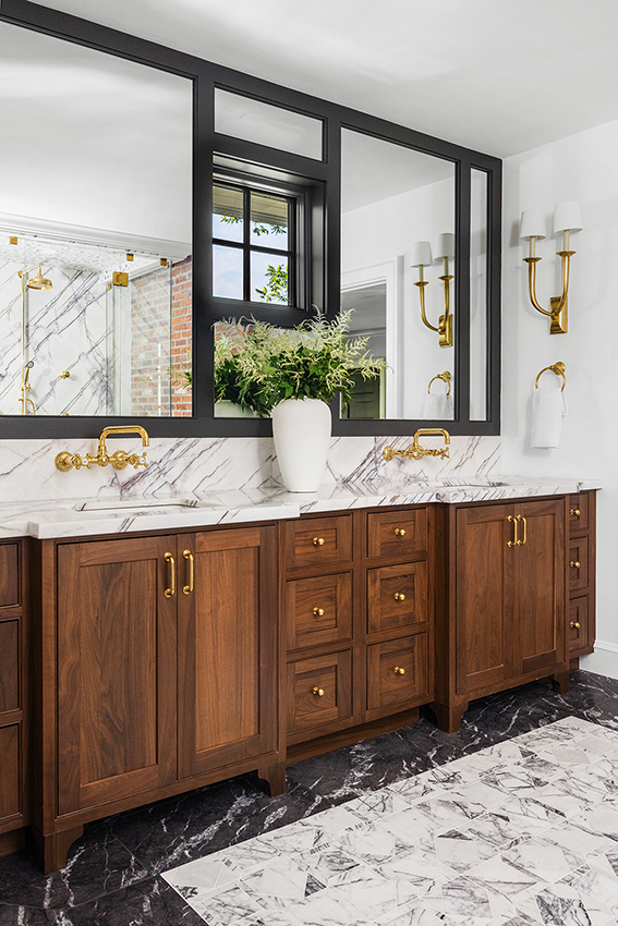Luxury primary bathroom walnut vanity