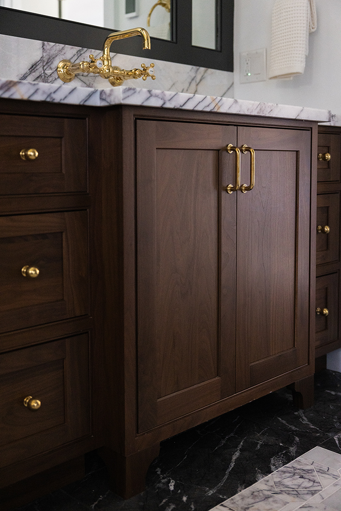 Walnut bathroom vanity storage detail